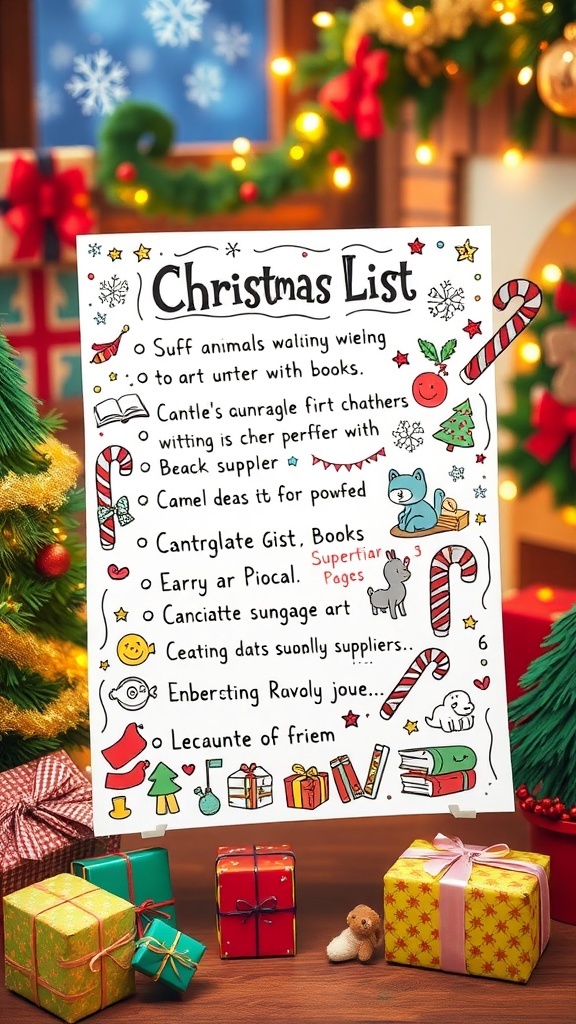A festive Christmas list with drawings of toys and treats, decorated with holiday motifs.